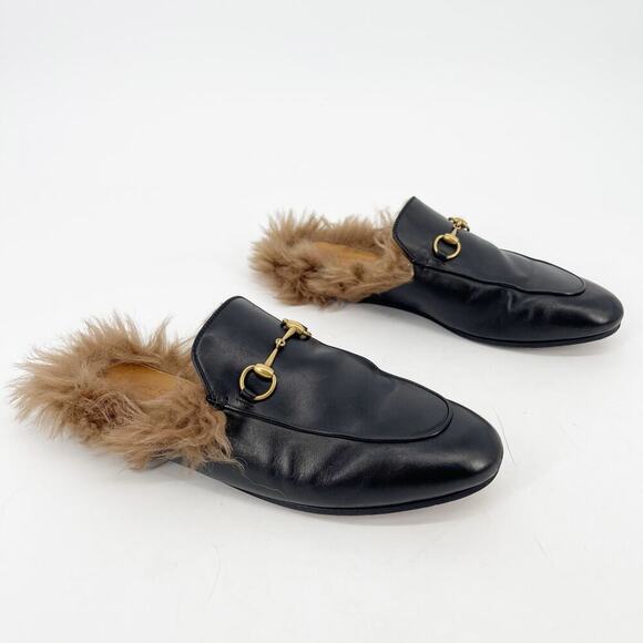 Gucci Black Leather Princetown Fur Wool Lined Horsebit Mule Slipper EU 39.5 - Picture 3 of 12
